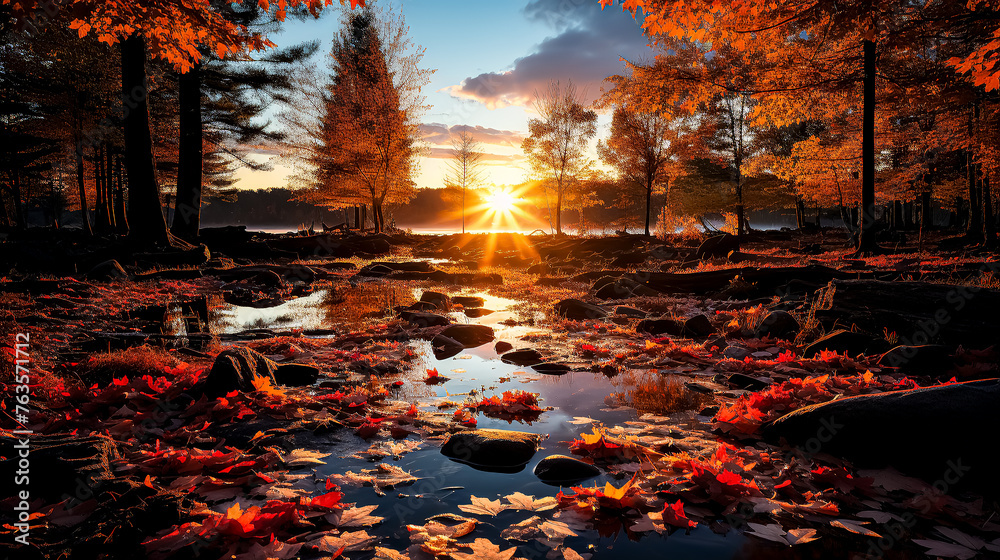 A beautiful autumn scene with a sun shining on the water. The sun is reflected in the water, creating a serene and peaceful atmosphere. The trees are covered in vibrant orange leaves