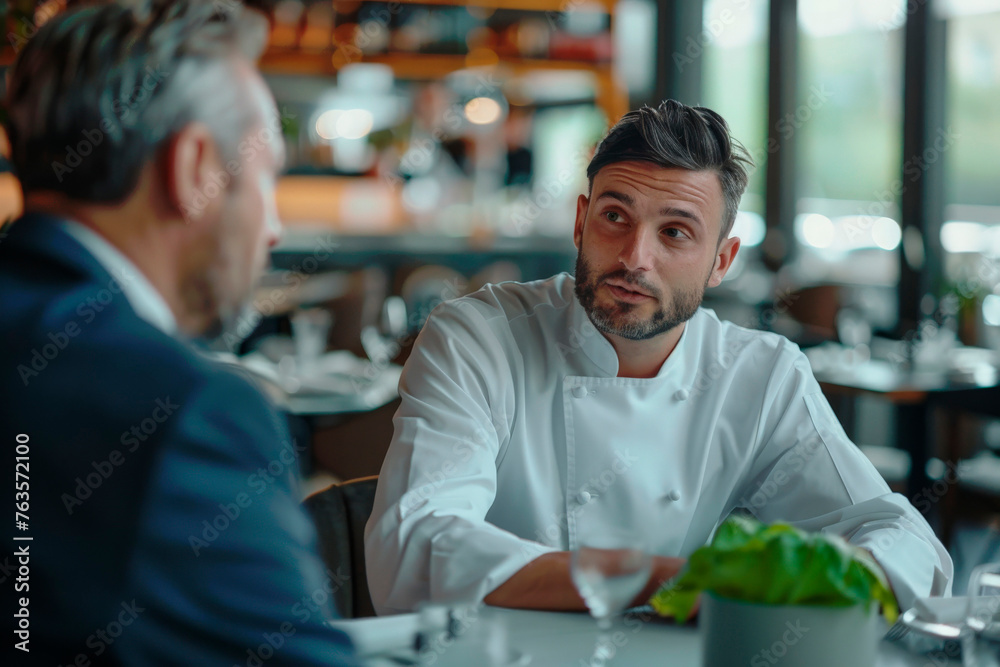 An entrepreneur chef in an empty restaurant meeting an investor 