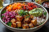 a brightly colored platter of plant-based foods that highlights a range of delectable and healthful substitutes for traditional meat.