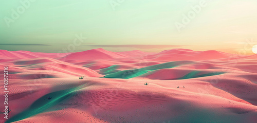 An expansive desert at sunset, featuring pink sand dunes under a soft green sky, with sparse patches of blue cacti