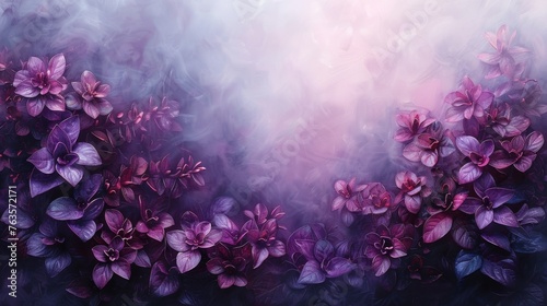  a painting of purple flowers on a pink and purple background with a white cloud in the middle of the picture.