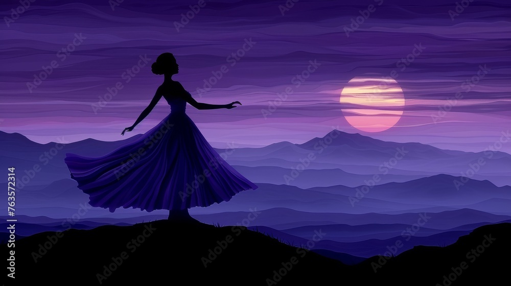 a woman in a long dress is standing on a hill at night with a full moon in the sky behind her. a woman in a long dress is standing on a hill at night with a full moon in the sky behind her.