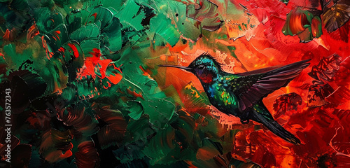 An image of a mottled background featuring a dramatic mix of emerald green and fiery red, mimicking the vibrant hues of a tropical bird