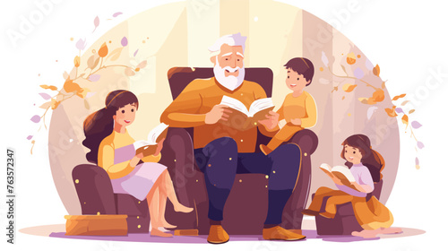Bearded grandfather sits in big armchair with child