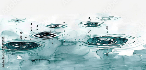 An impressionistic ink painting of raindrops on water, capturing the ripples in shades of teal and grey, isolated on white background