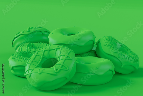 Stack of glazed donut with sprinkles on plain monochrome green color