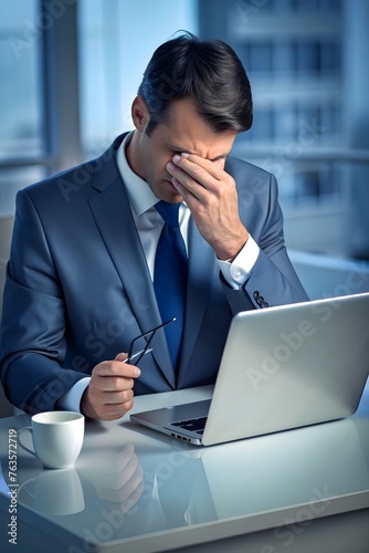 tired businessman in front of his computer, in the office, rubs his eyes. concept stress at work