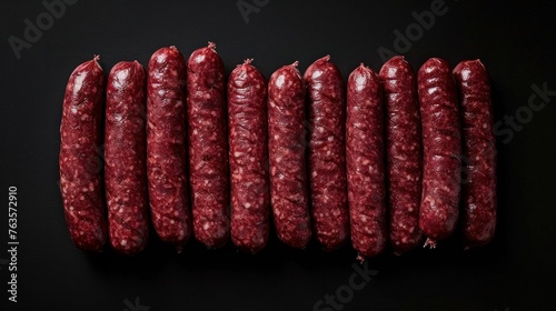 Raw sausages, top view, on black background