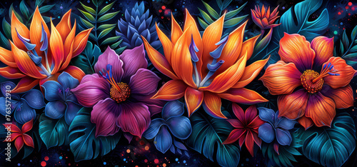  a painting of a bunch of flowers on a black background with blue, orange, and pink flowers in the center.