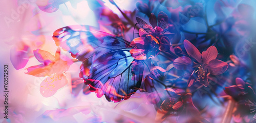 Combining the delicate details of a butterfly wing with a vibrant floral scene for a double exposure effect, in cobalt and magenta