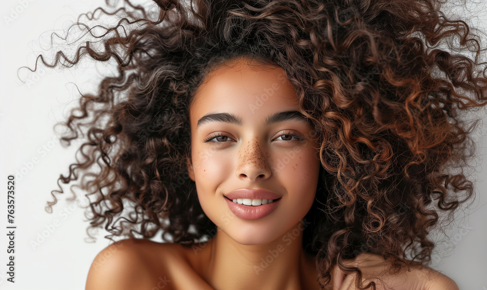 Young swarthy girl model with curly hair on light background Young swarthy girl model with curly hair on light background