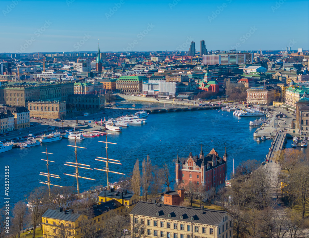 Stockholm old town - Gamla stan, Skeppsholmen, Ostermalm. Aerial view of Sweden capital. Drone top panorama photo