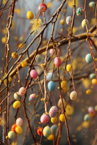 twig of willow with easter eggs hanging on it
