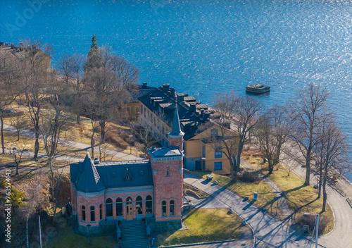 Skridskopaviljongen in Kastellholmen island near to Gamla Stan. Aerial view of Sweden capital. Drone top panorama photo photo