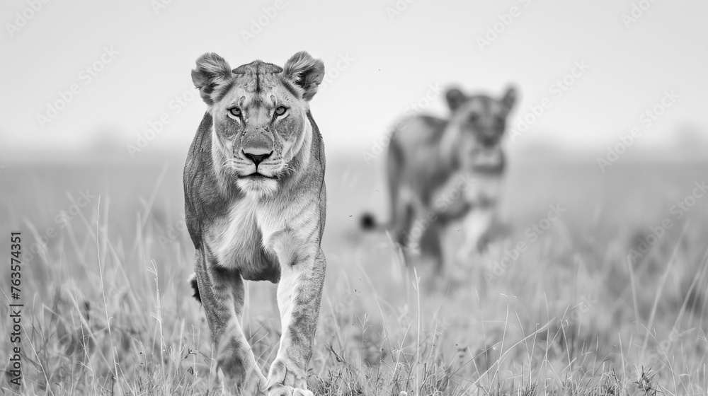 Lionesses in the Serengeti National Park, Tanzania - obrazy, fototapety, plakaty 