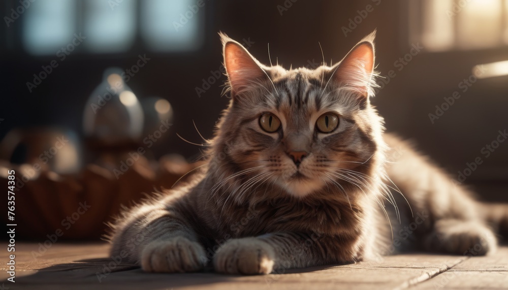 The cat reclines in a room bathed in sunlight, exuding an aura of tranquility. Its long whiskers and patterned fur are sharply detailed in the radiant glow. AI generation The cat reclines in a room bathed in sunlight, exuding an aura of tranquility. Its long whiskers and patterned fur are sharply detailed in the radiant glow. AI generation