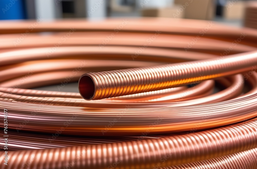 Close up of copper tubes wound in coils on a production Close up of copper tubes wound in coils on a production