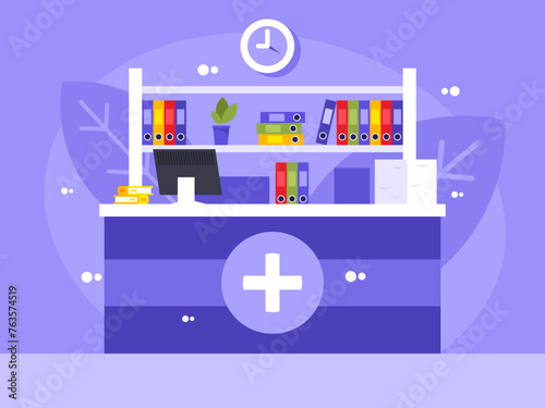 Background with clinic reception. Hospital reception desk. Vector graphics