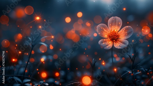  a close up of a flower in a field of grass with boke of lights in the sky behind it.