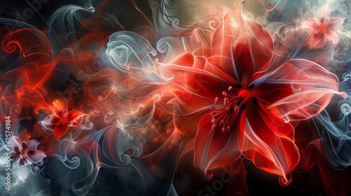  a red and white flower with swirls and swirls on a black and red background with white and red swirls.