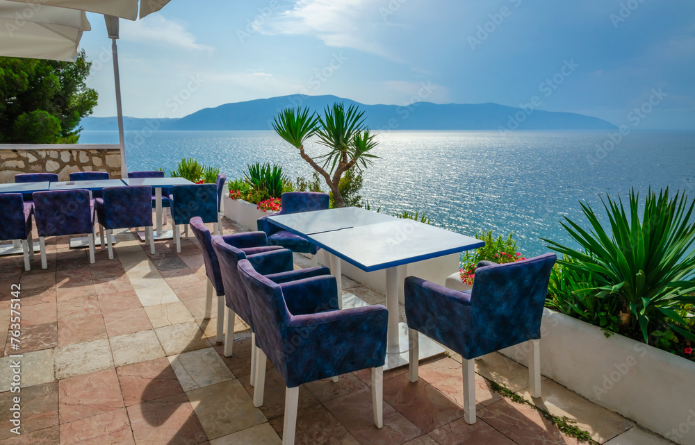 Beautiful summer seascape view from terrace in Vlora, Albania