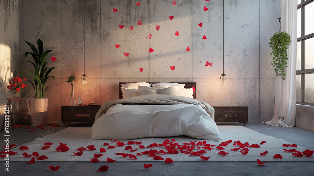 Quarto de dormir romantico com corações e tema de dia dos namorados - obrazy, fototapety, plakaty 