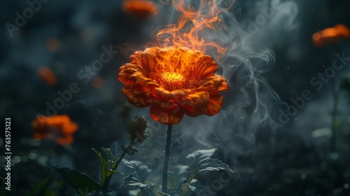  a close up of a flower with a lot of smoke coming out of the center of the flower and a lot of other flowers in the background.