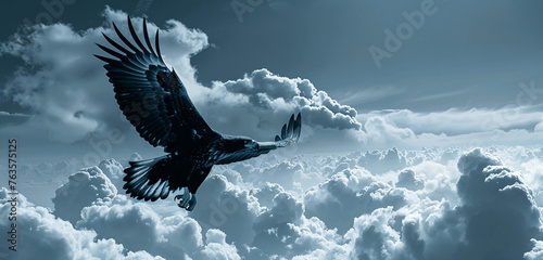 Double exposure creation of an eagle soaring above stormy clouds, merged with a clear blue sky, in black and sky blue © Tehreem