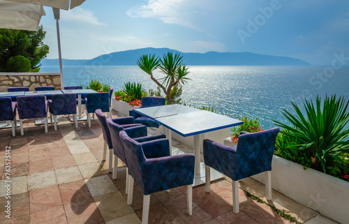 Beautiful summer seascape view from terrace in Vlora, Albania