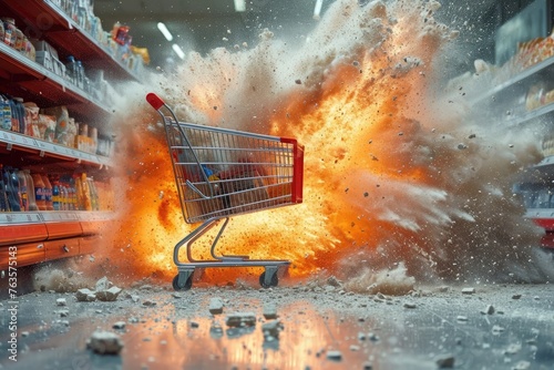 shopping cart exploding. Concept of price rise and inflation photo