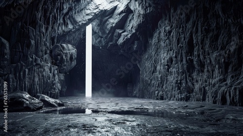 Dark cave with geometric marble patterns and reflections.