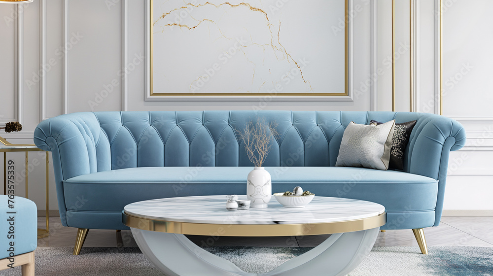 Sofá azul claro em uma sala de estar moderna - Decoração de ambiente  - obrazy, fototapety, plakaty 