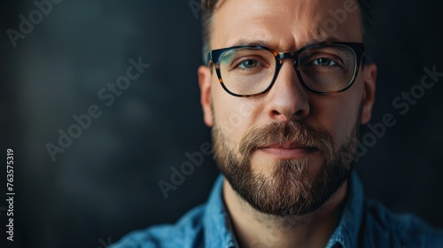 Portrait of a bearded man with glasses. Professional studio shot with dark background