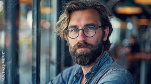 Close-up portrait of a stylish bearded man in a cafe. Contemporary urban lifestyle and personal style concept