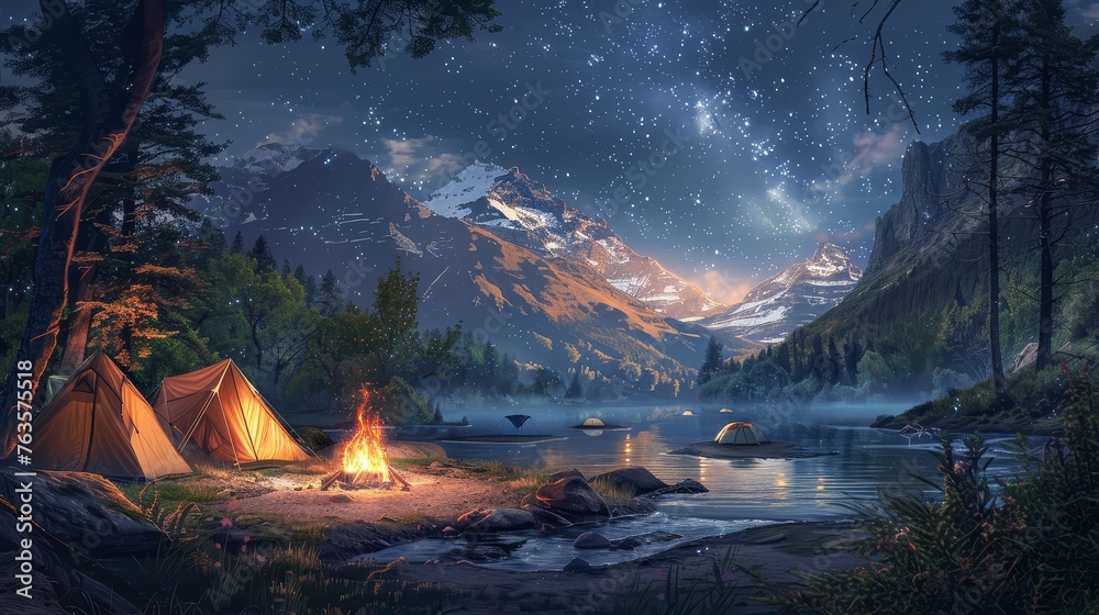 Digital art of camping site by mountain lake under starry sky. Fantasy landscape with tents and campfire at night. - obrazy, fototapety, plakaty 