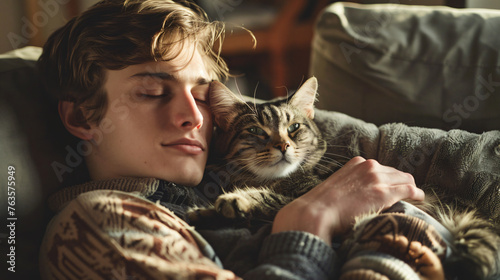 Feline Love: Cute Cat Snuggling Up to Its Owner, Sharing Warmth and Companionship 