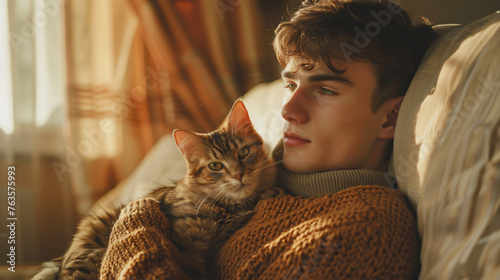 Peaceful Bond: Cat Sleeping Comfortably in the Arms of It's Owner, Sharing Tranquility and Affection
