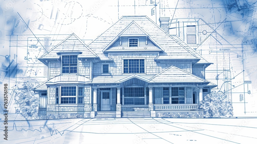 Detailed architectural rendering of a classic house design. Pencil sketch with perspective view. Architecture visualization concept.