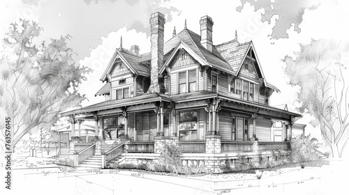 Architectural drawing of a Victorian house with detailed facade. Pencil sketch on white background.