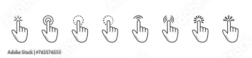 Finger click, computer pointer icon doodle set. Mouse cursor, digital arrow in sketch style. Hand drawn vector illustration isolated on white background