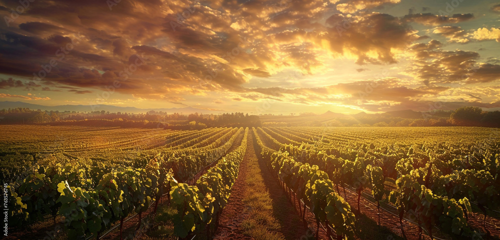 visual of a sprawling vineyard at sunset, with rows of grapevines under a sky painted with hues of lavender and gold, focusing on the symmetry and natural beauty - obrazy, fototapety, plakaty 