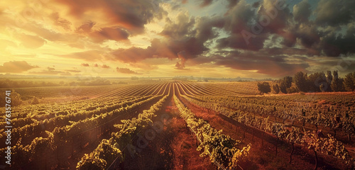 visual of a sprawling vineyard at sunset, with rows of grapevines under a sky painted with hues of lavender and gold, focusing on the symmetry and natural beauty
