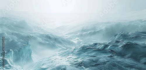 a tranquil, silver-blue glacier, with deep crevasses and sparkling ice under a cold, white sky, emphasizing the textures and chill of the environment