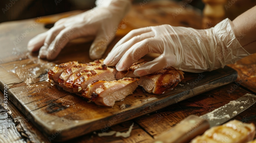Grilled steak being handled with gloves on wooden board after cooking.