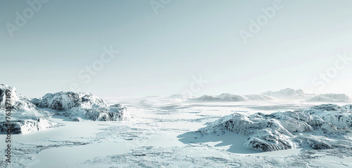 a rugged, icy landscape under a clear, pale blue sky, detailing the crisp textures of snow and ice against the stark, cold environment