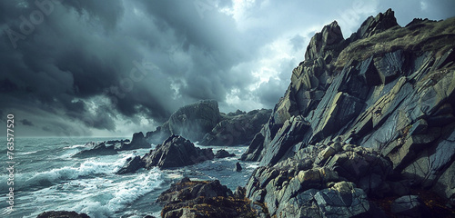 a rocky coastline with sharp, jagged cliffs against a stormy, dark blue sky, showcasing the power of nature and the intricate textures of the rocks photo