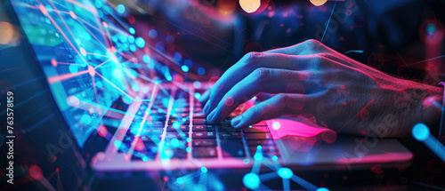 Person works with laptop on dark background, view of hands and digital data. Theme of computer technology, privacy, network, cyber security, information, tech