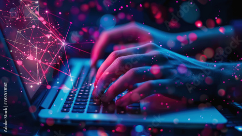 Person works with laptop on neon background, view of hands and digital data. Theme of computer technology, privacy, network, cyber security, information, tech,