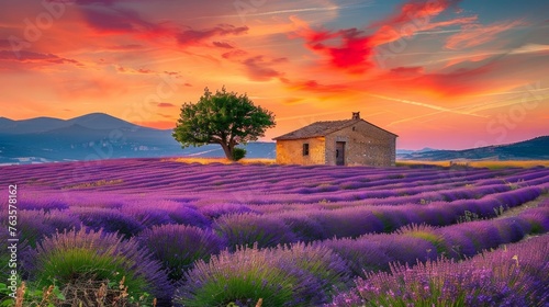 Lavender (lavandin) plant fields in Valensole Plateau of the Alps in Haute Provence region of