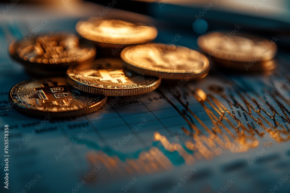 Multiple Bitcoins rest on a financial graph chart symbolizing the impact of digital currency on global finance and market trends Multiple Bitcoins rest on a financial graph chart symbolizing the impact of digital currency on global finance and market trends